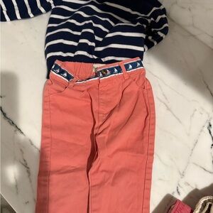 Nautical Coral Kids Set with Striped sweater, plaid shirt, coral pants